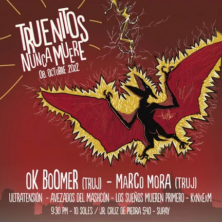Flyer rojo de «Truenitos nunca muere» con Ok Boomer y Marco Mora, de Trujillo.